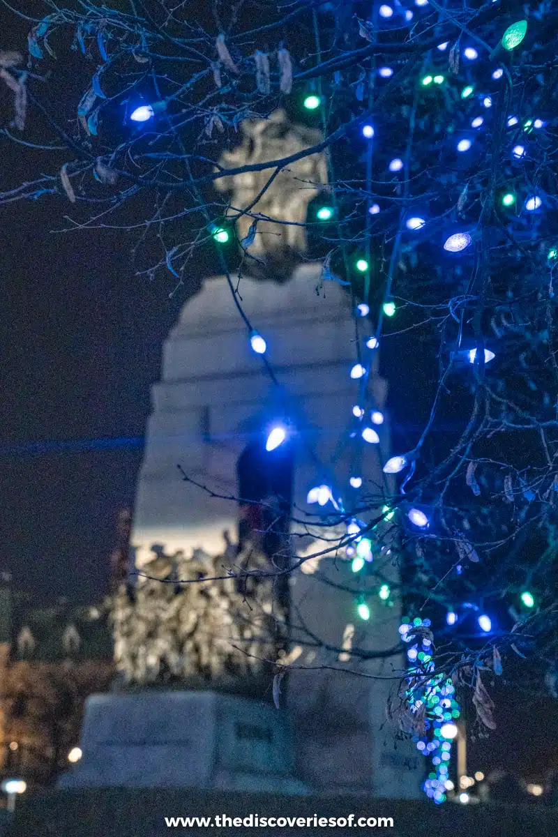 Winter lights and war memorial